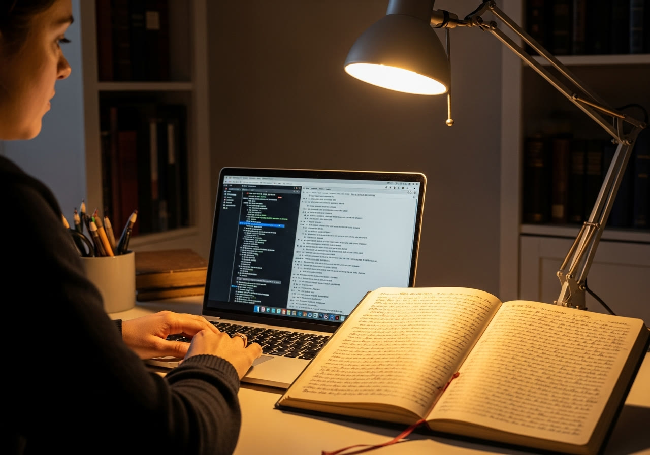 Alte Handschrift wird am Computer transkribiert (KI-generiertes Symbolbild)