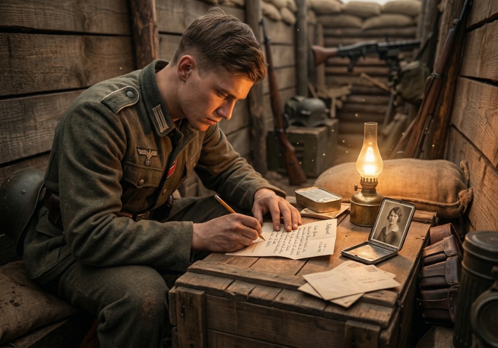 Junger Soldat schreibt im Unterstand bei Kerzenlicht einen Feldpostbrief nach Hause