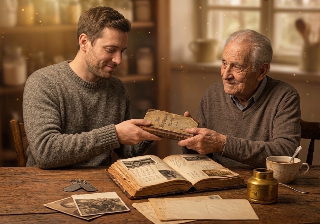 Enkel übergibt Großvater ein altes aufgeschlagenes Kriegstagebuch — Familiengeschichte wird weitergegeben