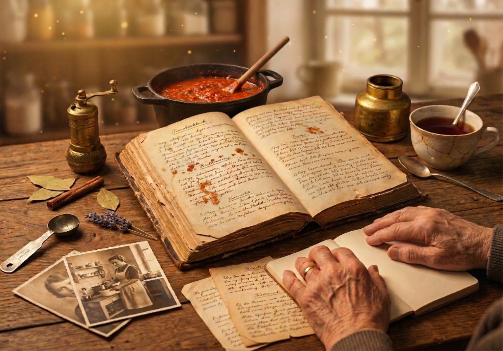 Aufgeschlagenes altes handgeschriebenes Rezeptbuch auf Holztisch mit Kochgeschirr, Gewürzmühle und Familienfotos